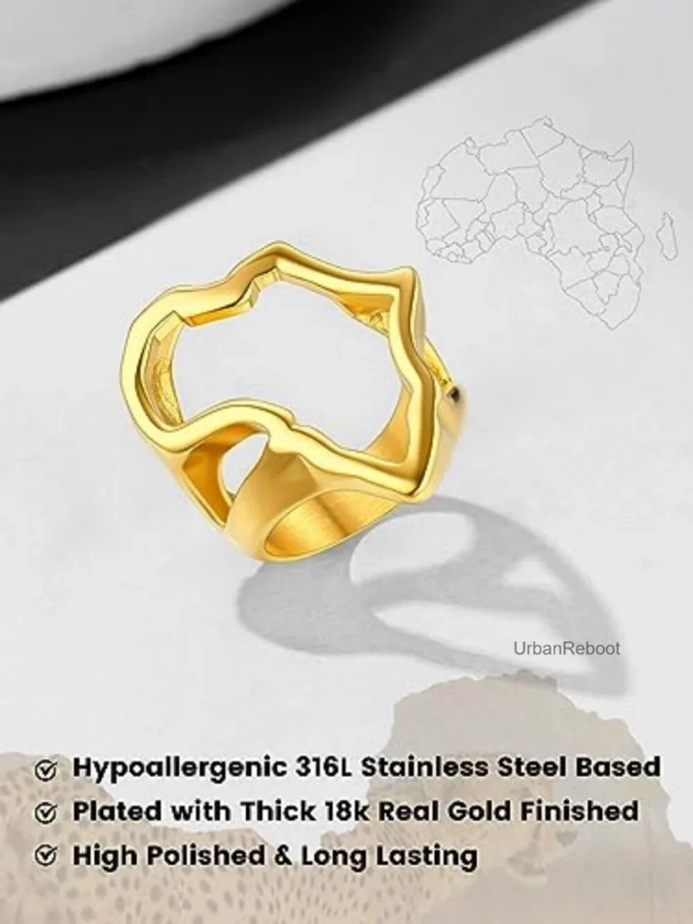 Stainless Steel Africa Map Ring, Gold Plated Biker Ring for Men Women